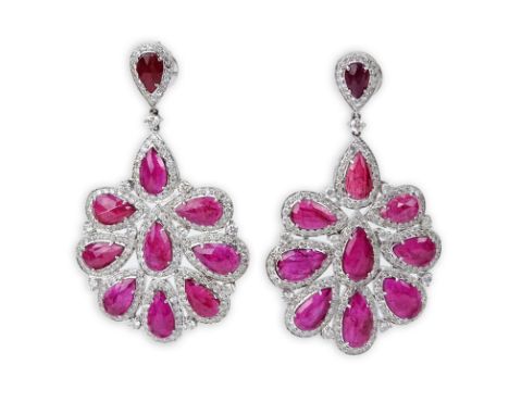 Approx. 17.37 Carat Oval Cut Ruby, 5.58 Carat Round Brilliant Cut Diamond and 18 Karat White Gold Chandelier Earrings. Rubies