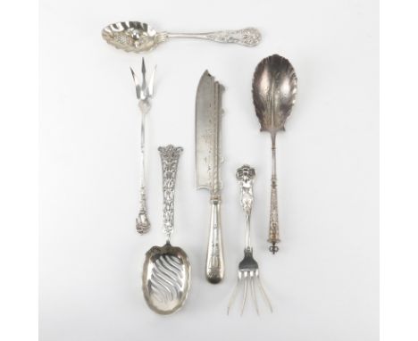 Grouping of Six (6) Sterling and 800 Silver Silverware. Includes: Whiting spoon with fruit motif on bowl, sterling pierced se