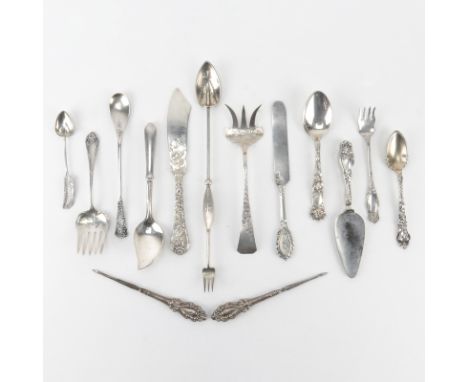 Grouping of Fourteen (14) Sterling Silver and Sterling Handle Tableware. Includes: Unger Brothers sterling citrus spoon, Gorh