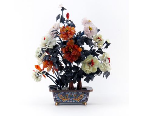 Large 20th Century Chinese  Hardstone Ming Tree in Cloisonné Enamel Jardinière. Unsigned. A few losses, (loose parts included