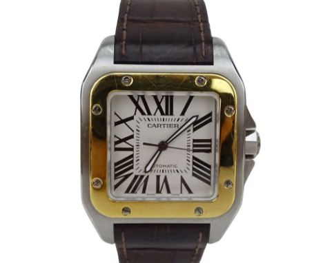 Man's Cartier de Santos 2656 Stainless Steel and 18 Karat Yellow Gold Automatic Movement Watch with Crocodile Strap. Serial #