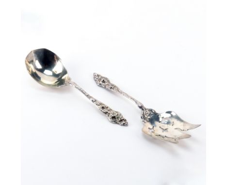 Art Nouveau Sterling Silver Salad Set. Stamped to handle. Needs cleaning. Spoon and fork measures 9-1/2" Long. Total weighs a