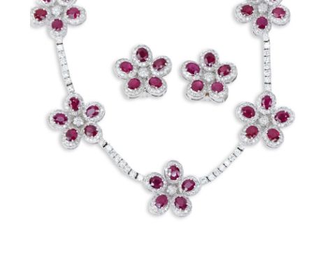 Approx. 27.80 Carat Oval Cut Ruby, 12.18 Carat Round Brilliant Cut Diamond and 18 Karat White Gold Necklace and earring Suite