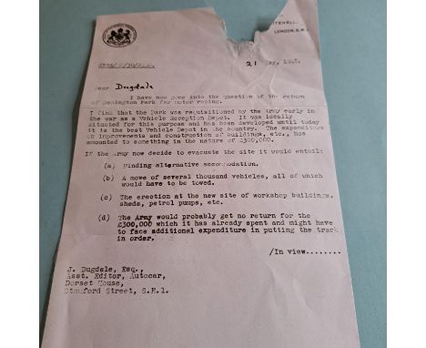 Comprising a letter from Field-Marshall Montgomery of Alamein to Autocar explaining why the Army were keeping Donington Park,