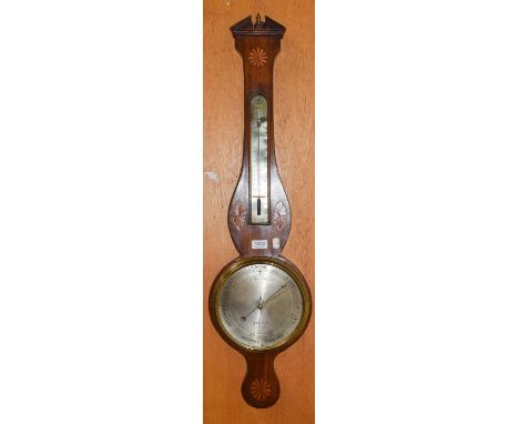 A mahogany inlaid wheel barometer, circa 1820, 8" silvered dial signed A Poncia &amp; Co., Hull, 98cmCondition report: Thermo