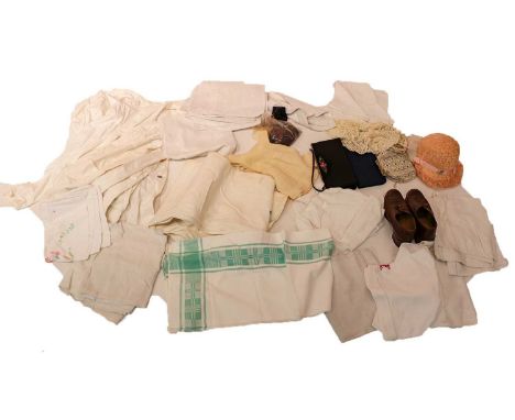 Assorted ladies and gents costume accessories, comprising a pair of brown lace up 1940s leather shoes, baby pink straw bonnet