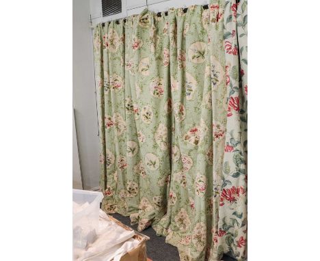 A pair of large Colefax and Fowler curtains titled 'Floral Cartouche' in pale green, lined and interlined, approximately 230c