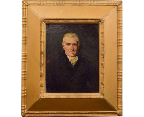 Oil on panel; together with a further 19th century head and shoulders portrait of a young man informally dressed, oil on canv