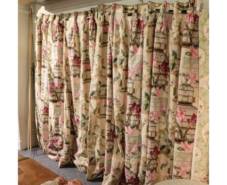 Pair of decorative curtains printed with bird cages and pink/red flowers on linen, lined and interlined, 230cm drop and 270cm