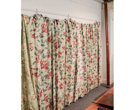 Pair of pale green decorative Nina Campbell 'Lonicera' linen curtains printed with honeysuckle and berries, lined and interli