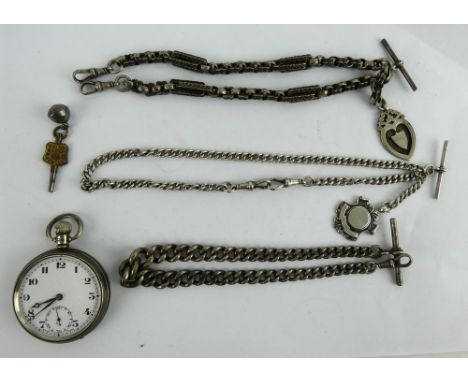 A 1929 silver cased pocket watch, two hallmarked silver albert chains and a fancy link white metal albert chain with hallmark
