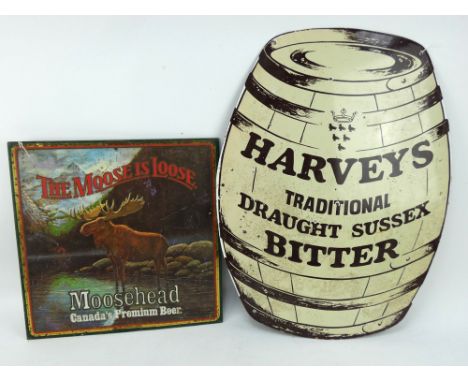 A Harveys Brewery barrel shaped enamel sign and a vintage Canadian Moosehead Beer tin sign. Harveys sign 47cm x 62cm.