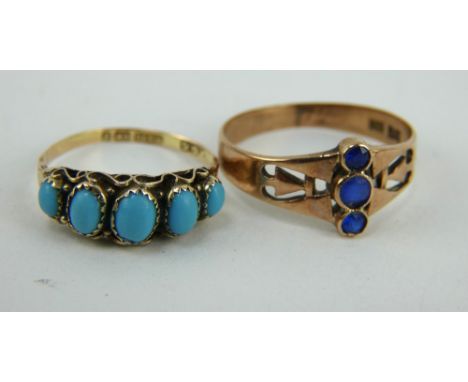 Victorian 9ct gold and turquoise ring, size M and a yellow metal blue stone ring with indistinct marks, size R. Combined weig