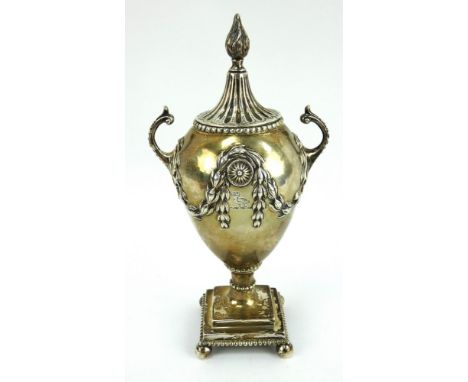 George III silver urn form sucrier, London 1773, Richard Morson &amp; Benjamin Stephenson. Classical urn form with swag decor