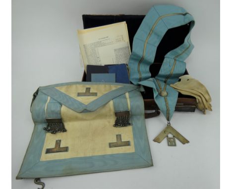 1950s masonic case and contents including white metal mounted apron and sash, books, gloves etc.