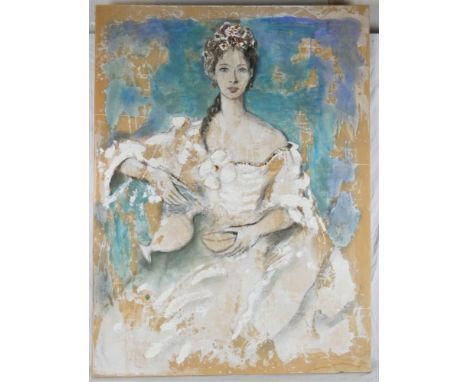 French School (20th century): Portrait of a Lady Holding a Carafe, the female figure in 18th century style dress, oil and imp