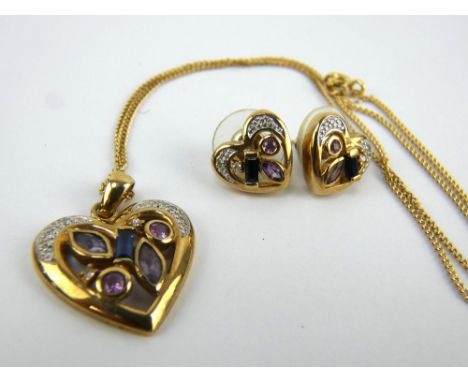 9ct gold sapphire, amethyst and diamond set heart shaped pendant and earring set. Chain 45cm. Gross combined weight 10.3 gram
