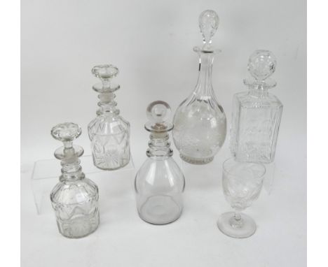 Five mixed decanters including a matching pair, a Thomas Webb spirit decanter, a Georgian style decanter and an engraved wine