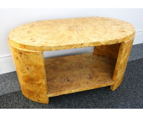An Art Deco style coffee table of bleached burr walnut veneer with additional shelf under. Length 122cm, height 65cm, depth 6