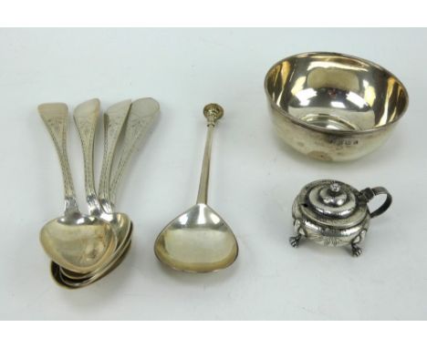 Mixed silver including 4 Danish spoons, a seal top spoon, a bowl and a planished mustard pot. Danish spoons marked R Jensen 1