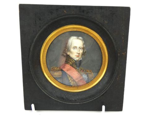 19th century portrait miniature of Marshal General Jean-de-Dieu Soult, 1st Duke of Dalmatia, oil on card. Mounted in a glazed