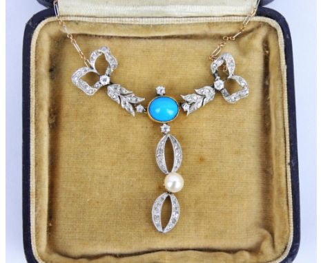 A diamond, turquoise and pearl necklace, set in yellow and white metal, the drop pendant on fine vari-coloured chain, central