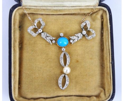 A diamond, turquoise and pearl necklace, set in yellow and white metal, the drop pendant on fine vari-coloured chain, central