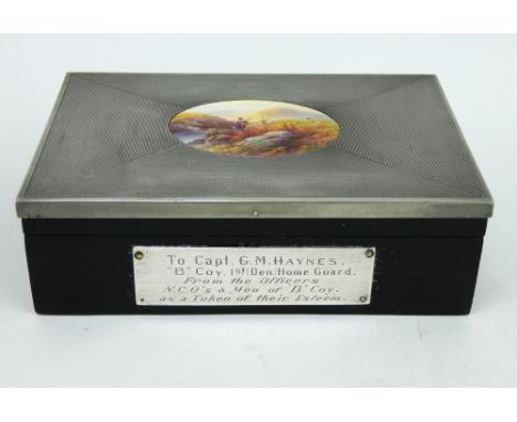 A WW2 cigarette box with Homeguard engraved plaque &amp; Royal Worcester oval by Raymond Rushton. The lid mounted with an eng