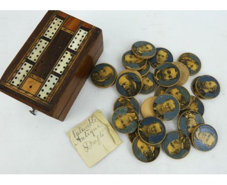 Set of 19th century games counters depicting politicians including Churchill, Salisbury, Hicks-Beach etc, and a folding inlai