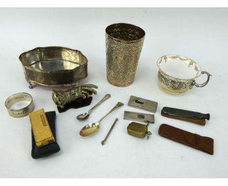 A Dunhill Rollagas lighter, silver spoons, silver cigar cutter &amp; drill, silver cup holder, napkin ring, trinket box, othe