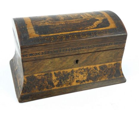 Late 19th century dome topped Tunbridge Ware tea caddy with Hever Castle panel. 20cm x 12.5cm x 12cm. Condition report: Linin