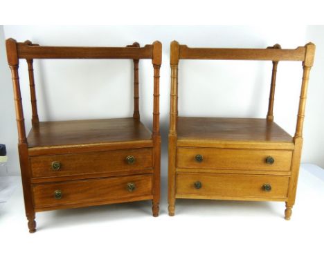 Pair of Regency style mahogany bedsides with faux bamboo supports supporting a shelf over two drawers. Height 65cm, width 48c