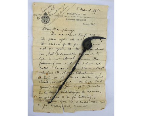 A hammered steel manicure tool, Roman or later, with a letter from the British Museum, 1932, seemingly giving provenance.&nbs