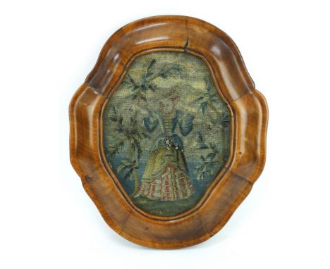 Fine point tapestry, possibly Elizabethan, depicting a lady in period dress between two trees. Mounted in a later mahogany an