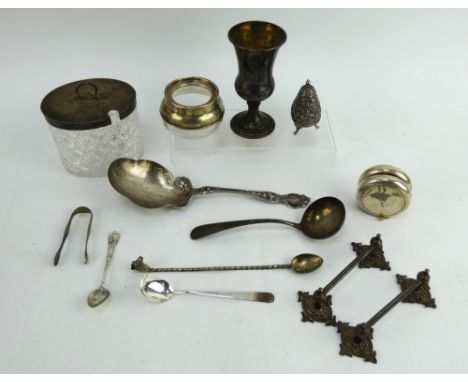 Mixed mainly silver items to include a goblet, yo-yo, George III ladle, decanter, cut glass preserve jar, pepperette etc. Wei