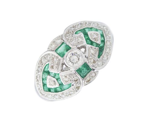 An 18ct gold square-shape emerald and brilliant-cut diamond cluster dress ring, with calibre-cut emerald and brilliant-cut di