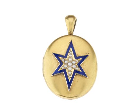 A late Victorian gold locket pendant, with central blue enamel and split pearl star overlay, opening to reveal two compartmen