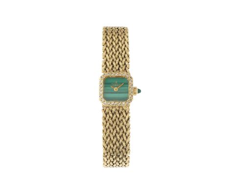 Montre Royale de Geneve, a 1970s 18ct gold bracelet watch, malachite dial and diamond bezel, signed manual wind movement, hal