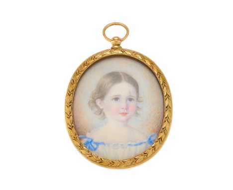 A late Georgian portrait miniature, circa 1830, watercolour on ivory, painted to depict a young girl wearing a white smock dr