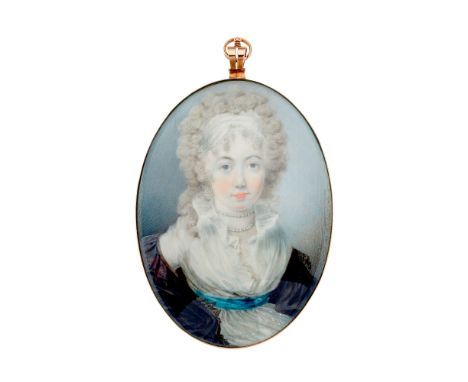 A fine late Georgian portrait miniature, circa 1780, watercolour on ivory, painted to depict a lady in a white dress with blu