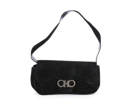 Salvatore Ferragamo, a Gancini handbag, designed with a black suede exterior, single leather shoulder strap, polished gunmeta