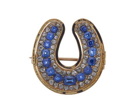 A late Victorian gold, black enamel, cushion-shape sapphire and rose-cut diamond horseshoe mourning brooch, principal sapphir