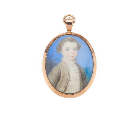 A fine mid 18th century portrait miniature, circa 1740, watercolour on vellum, painted to depict a young boy wearing a brown 