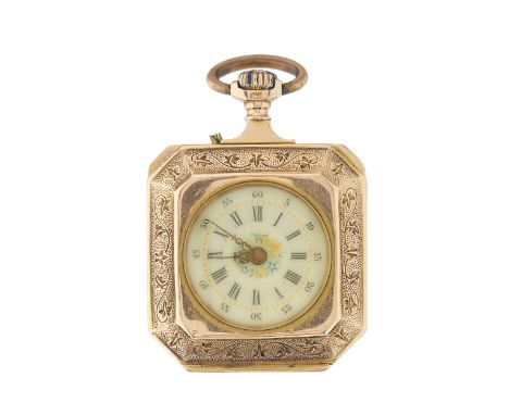 J & A Bornand, a 19th century 18ct gold enamel foliate engraved pocket fob watch, with rose-cut diamond accent and enamel fem