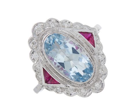 An 18ct gold oval-shape aquamarine and brilliant-cut diamond cluster dress ring, with calibre-cut ruby accent sides, aquamari