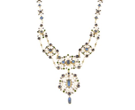 Liberty & Co., an exceptional Arts & Crafts gold and silver, moonstone and sapphire cabochon forget-me-not openwork necklace,