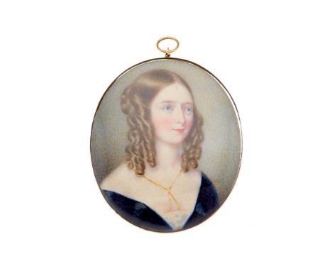 A fine mid 19th century portrait miniature, circa 1840, watercolour on ivory, painted to depict a young lady wearing a lariat