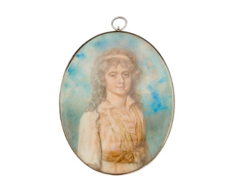 A late 19th century portrait miniature, circa 1895, watercolour on ivory, painted to depict a young lady in a white dress, wi