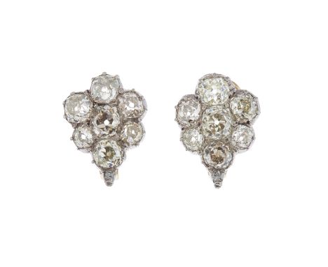 A pair of mid to late 19th century silver, old-cut diamond cluster earrings, each with later gold posts and hinged clip fitti