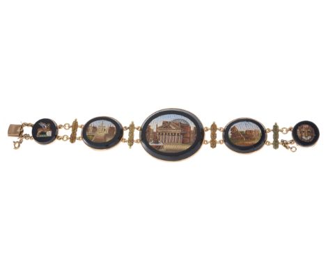 A late 19th century gold micro mosaic bracelet, designed as a series of graduated panels depicting ancient ruins and lions, w